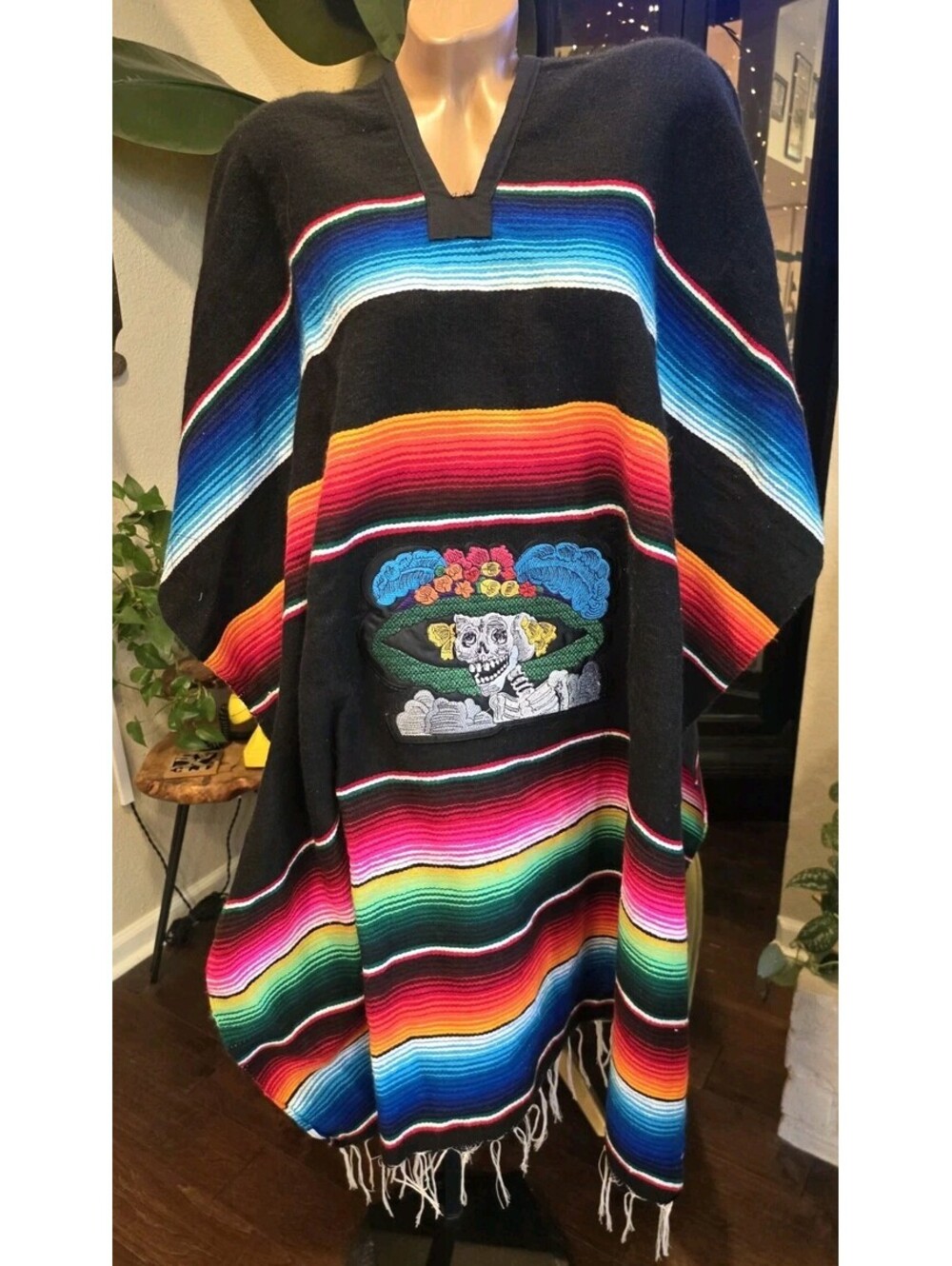 Embroidered Day of the Dead Mexican Poncho Blanket Zarape Skull La Catrina